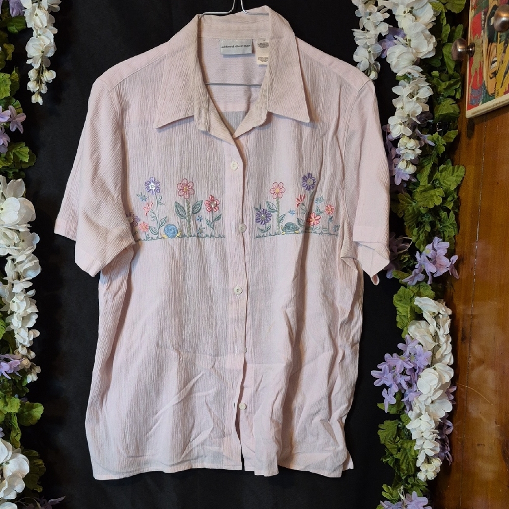 Alfred Dunner Light Pink Button-Down Shirt with Floral Embroidery
